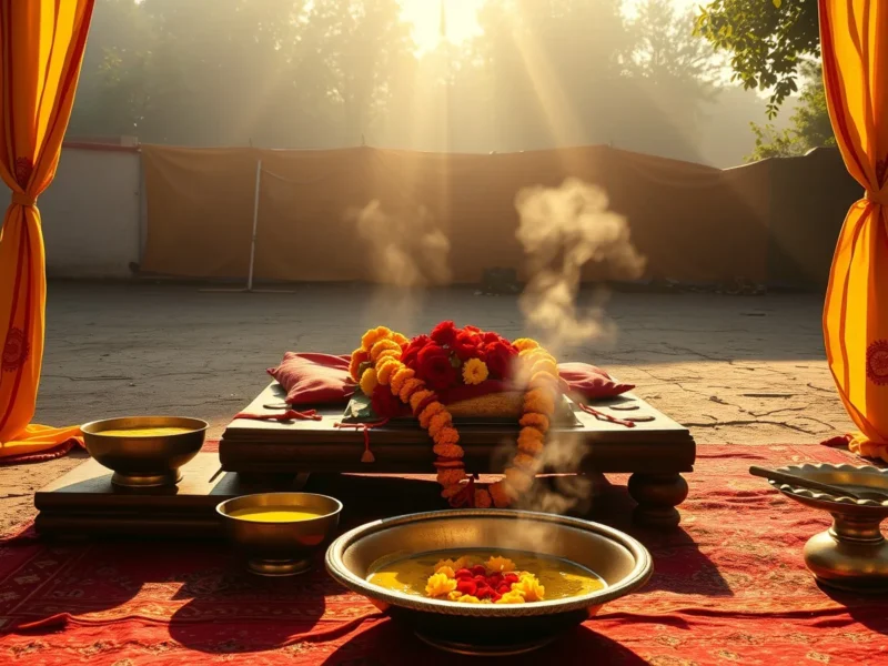 A decorated wooden seat, brass bowls of turmeric paste and marigolds set up outdoors for a Gujarati pithi