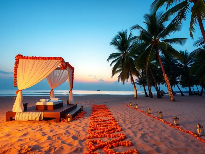 A beach mandap of white fabric and marigolds on the sand at sunset in South Goa