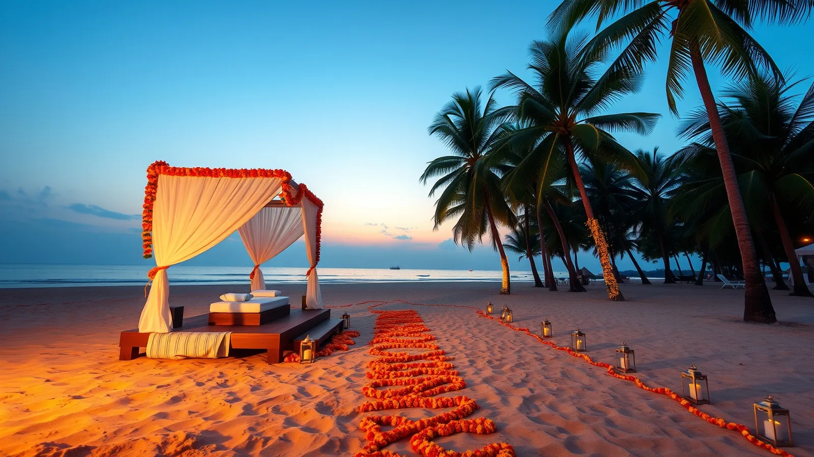A beach mandap of white fabric and marigolds on the sand at sunset in South Goa