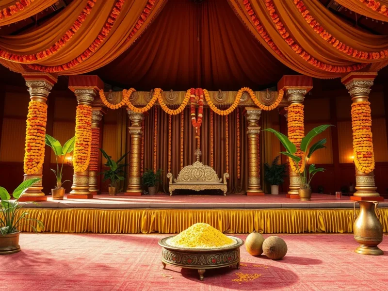 A Telugu wedding mandapam decorated with marigolds and jasmine, with turmeric rice and a kalash on the stage