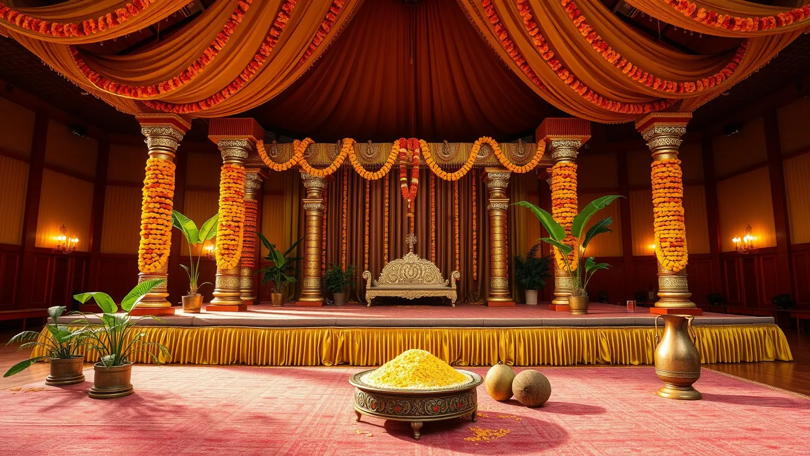 A Telugu wedding mandapam decorated with marigolds and jasmine, with turmeric rice and a kalash on the stage