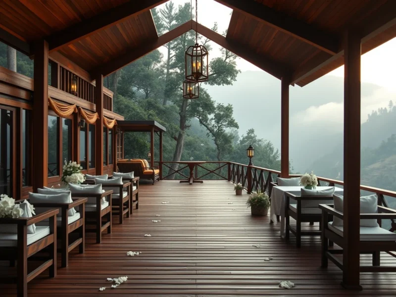 A villa deck above a misty forested valley set for an intimate wedding near Rishikesh