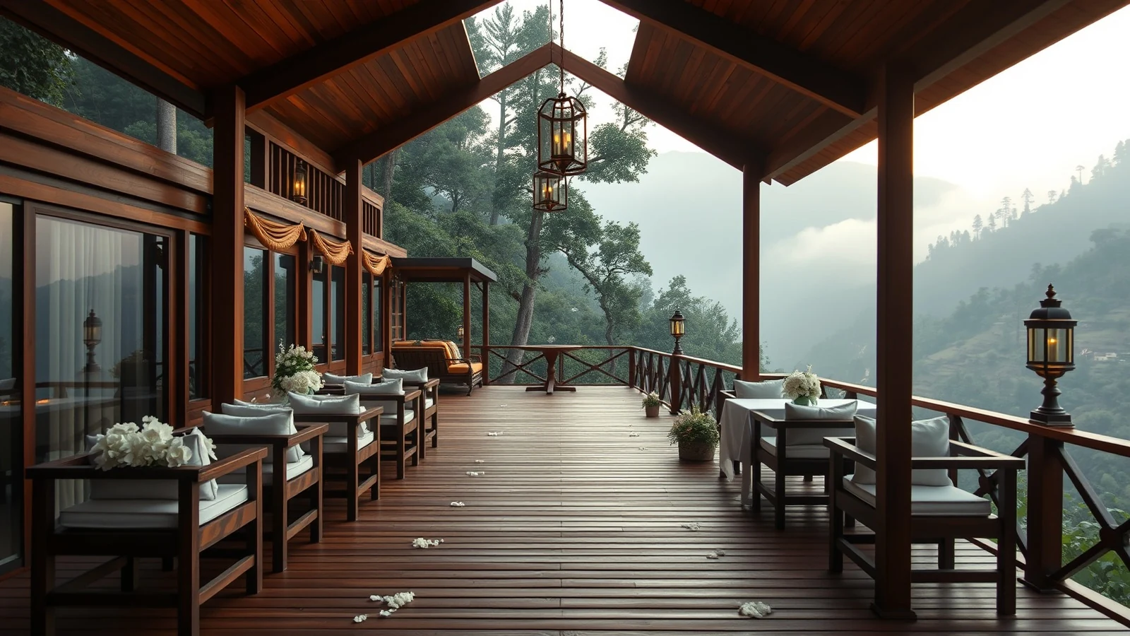 A villa deck above a misty forested valley set for an intimate wedding near Rishikesh
