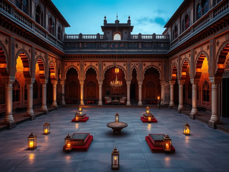 A carved sandstone haveli courtyard in Jaipur set for a mehndi with cushions and brass lanterns