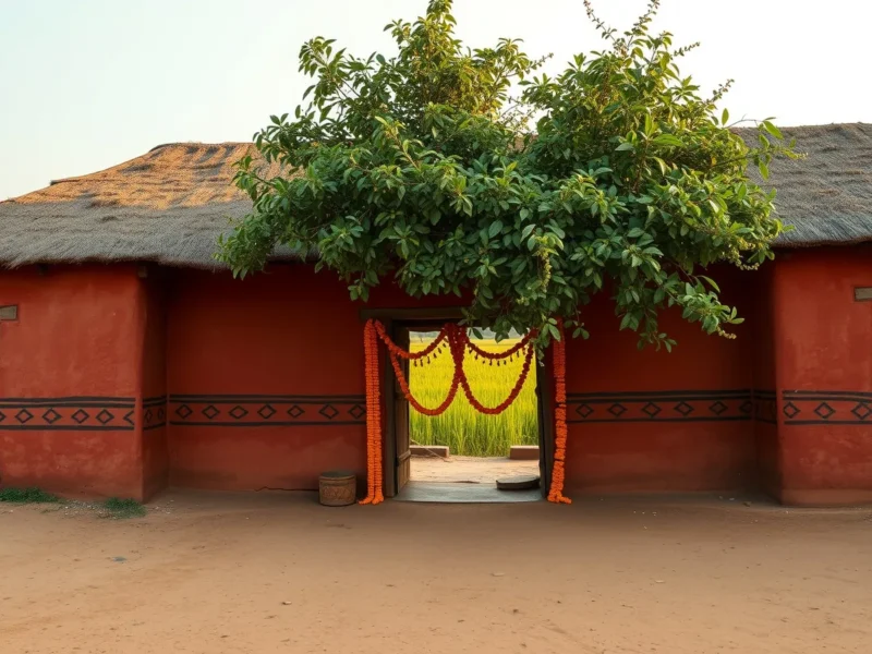 A red mud house with painted geometric bands and marigold garlands at the door in a Santal village