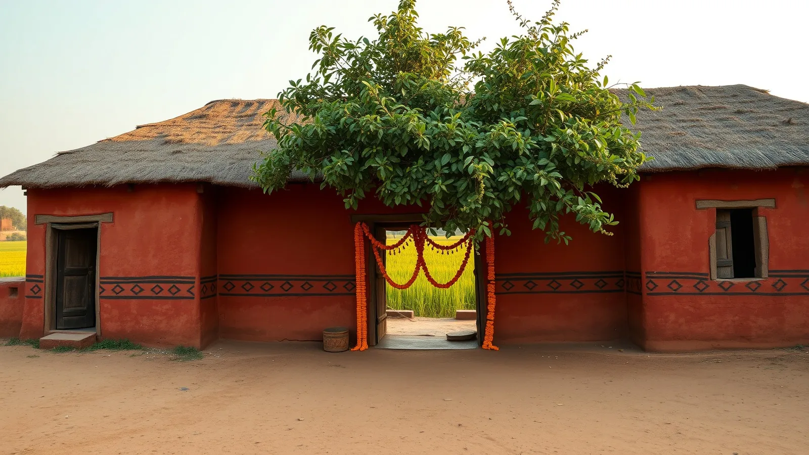A red mud house with painted geometric bands and marigold garlands at the door in a Santal village