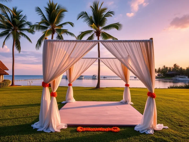 A wedding mandap with white and gold drapes on a resort lawn beside a lagoon at sunset