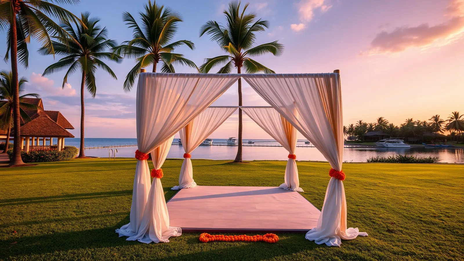 A wedding mandap with white and gold drapes on a resort lawn beside a lagoon at sunset