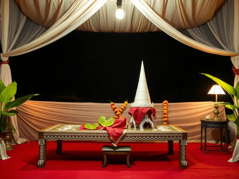 A painted wooden pidi with betel leaves and shola pith crowns under a Bengali wedding canopy