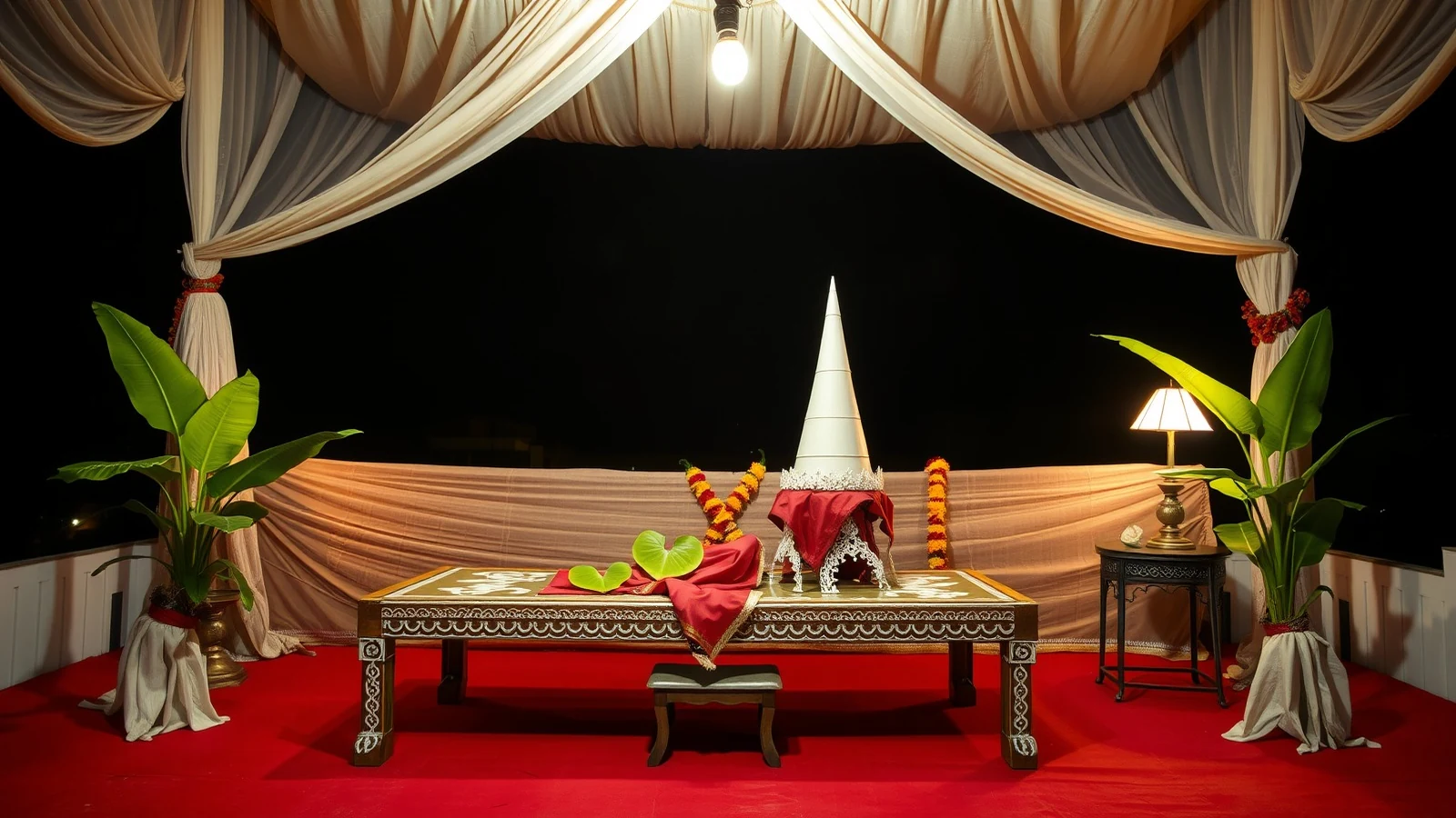 A painted wooden pidi with betel leaves and shola pith crowns under a Bengali wedding canopy