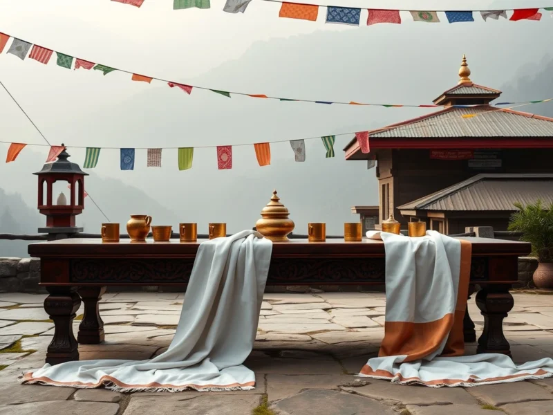 White khada scarves, bamboo tongba mugs and butter lamps on a carved table under prayer flags in Sikkim
