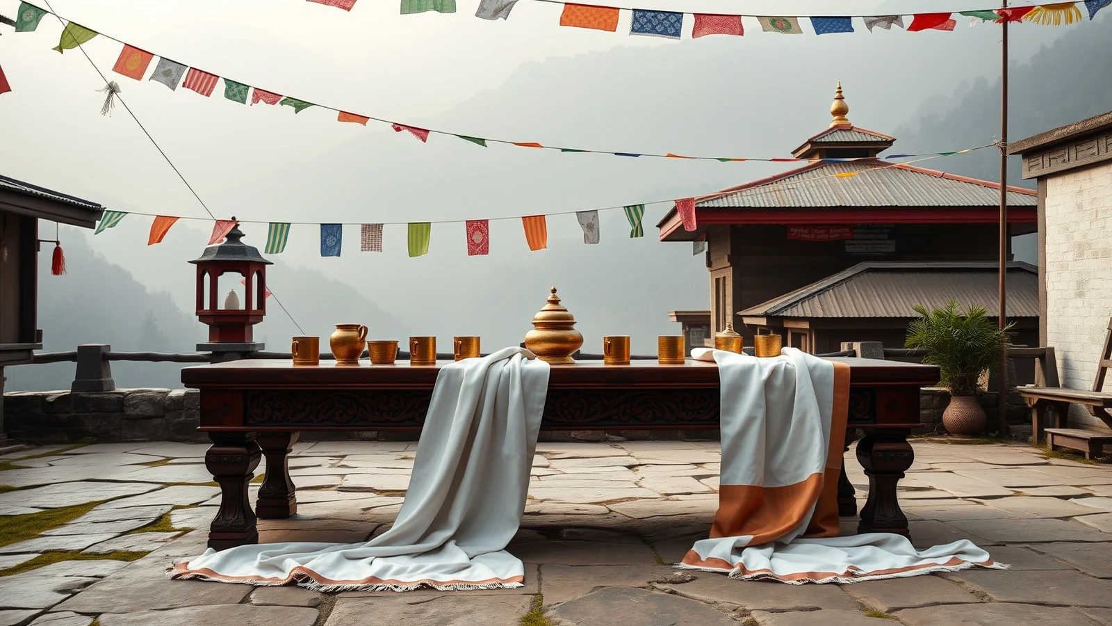 White khada scarves, bamboo tongba mugs and butter lamps on a carved table under prayer flags in Sikkim