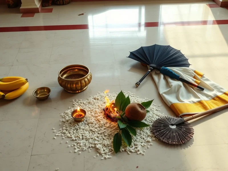 A Telugu snathakam setup with a lamp, coconut, silk dhoti, umbrella, walking stick and fan for Kasi Yatra