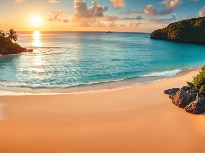 A tropical beach with turquoise water and green cliffs at golden hour
