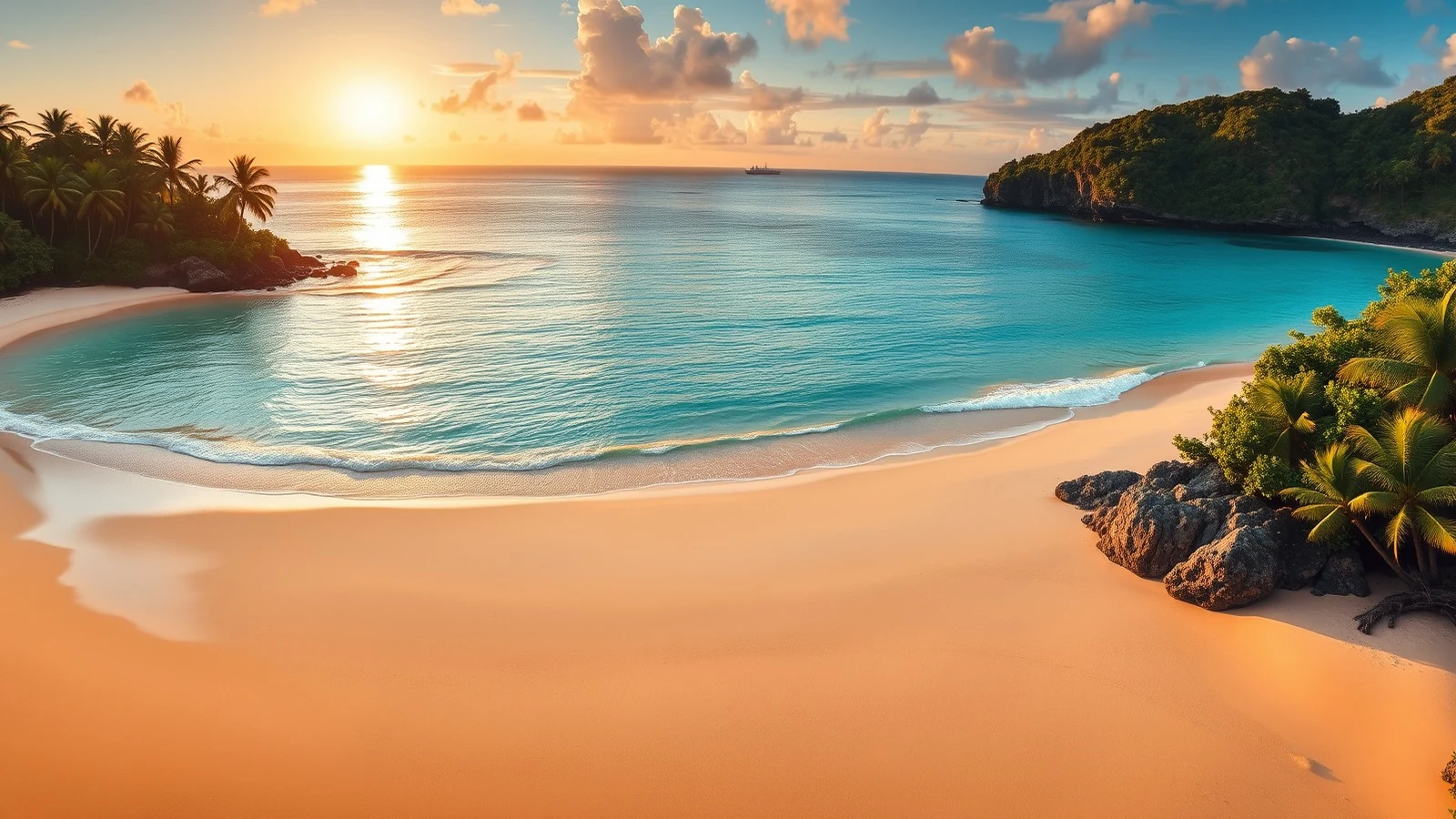 A tropical beach with turquoise water and green cliffs at golden hour