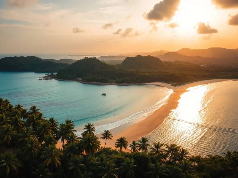 A palm-lined Sri Lankan beach and river mouth at golden hour seen from above