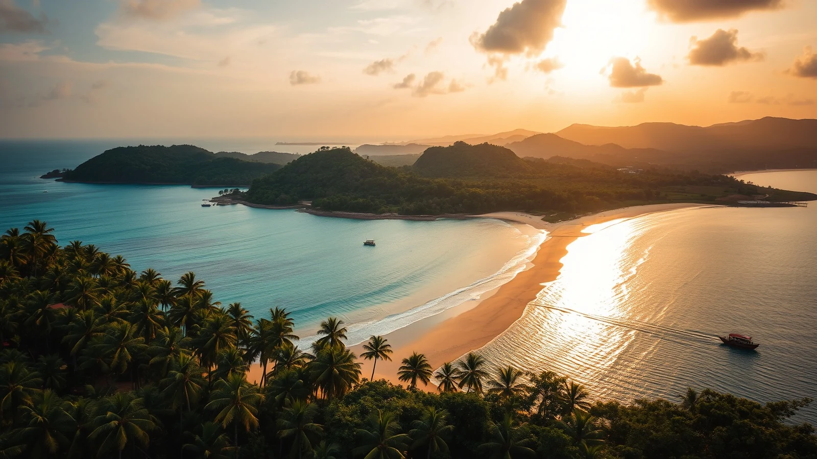 A palm-lined Sri Lankan beach and river mouth at golden hour seen from above