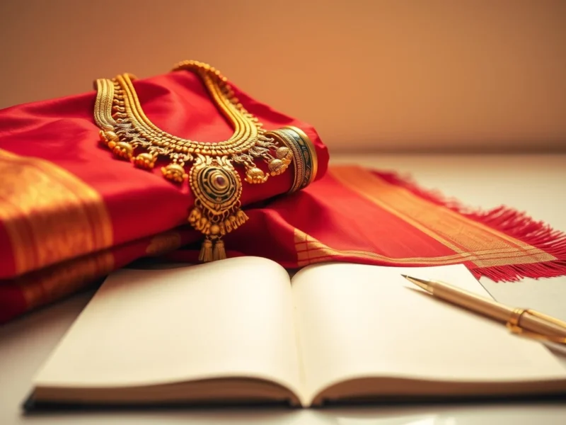 A gold necklace and bangle on a red silk sari beside an open notebook, for the stridhan guide