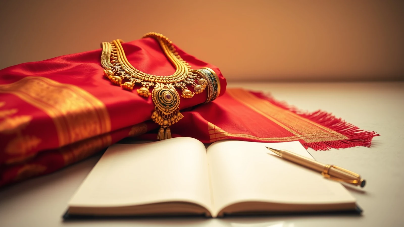 A gold necklace and bangle on a red silk sari beside an open notebook, for the stridhan guide