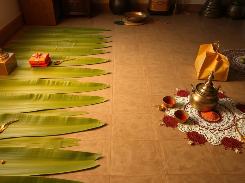 Banana leaves, a brass lamp and kolam laid out at home for a Tamil Brahmin sumangali prarthanai