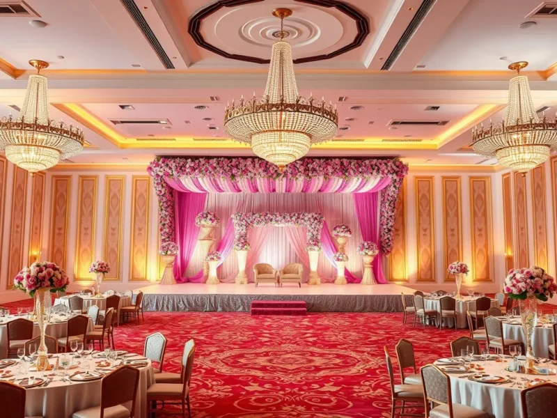 A chandeliered hotel ballroom in Jaipur decorated for a wedding reception with a pink and gold stage