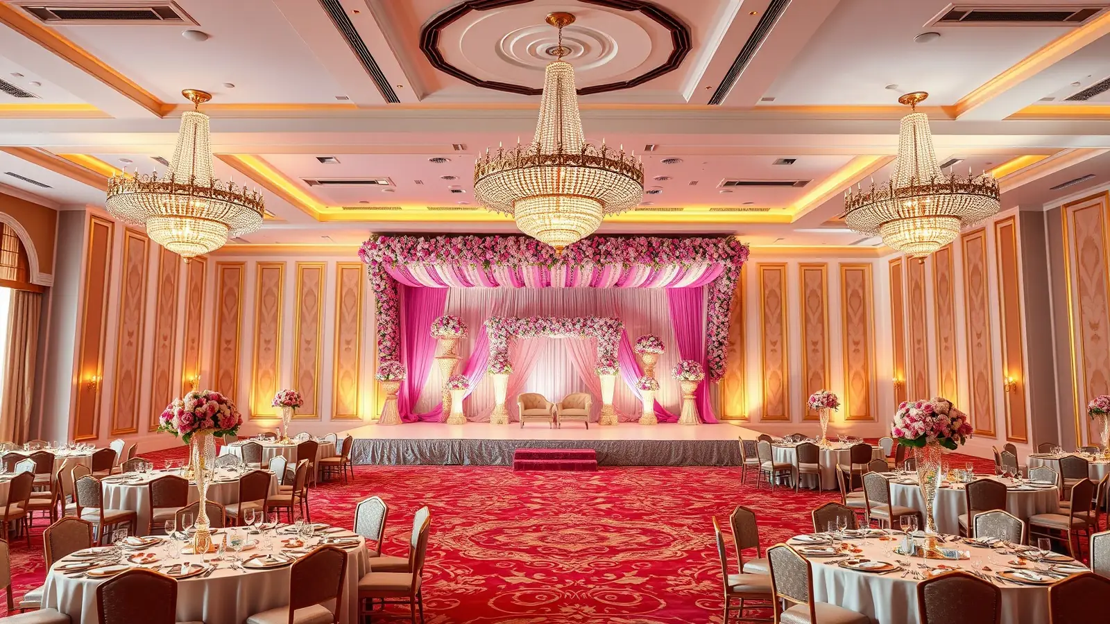 A chandeliered hotel ballroom in Jaipur decorated for a wedding reception with a pink and gold stage
