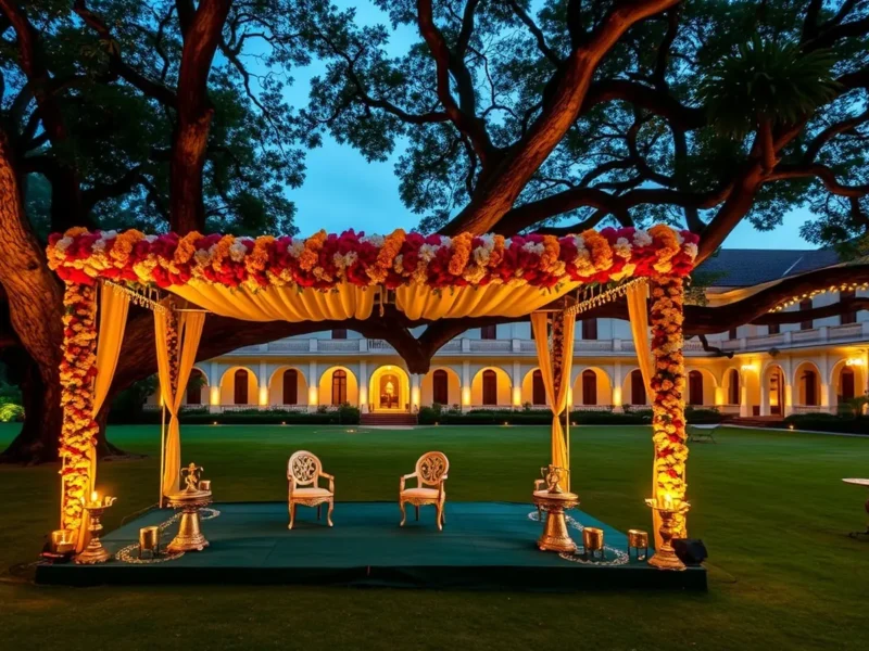 A wedding mandap under a lit banyan tree on a heritage hotel lawn in Chennai