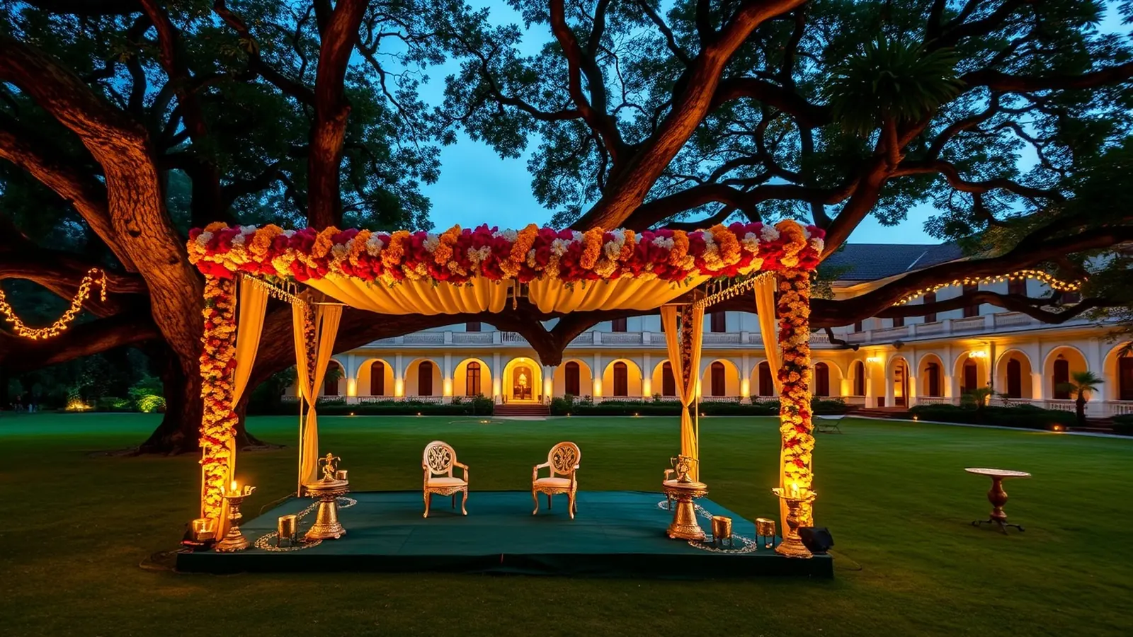 A wedding mandap under a lit banyan tree on a heritage hotel lawn in Chennai