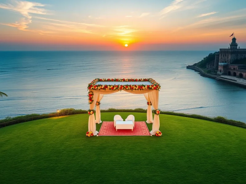 A sea-view lawn in Goa at sunset with a floral mandap and an old Portuguese fort beyond