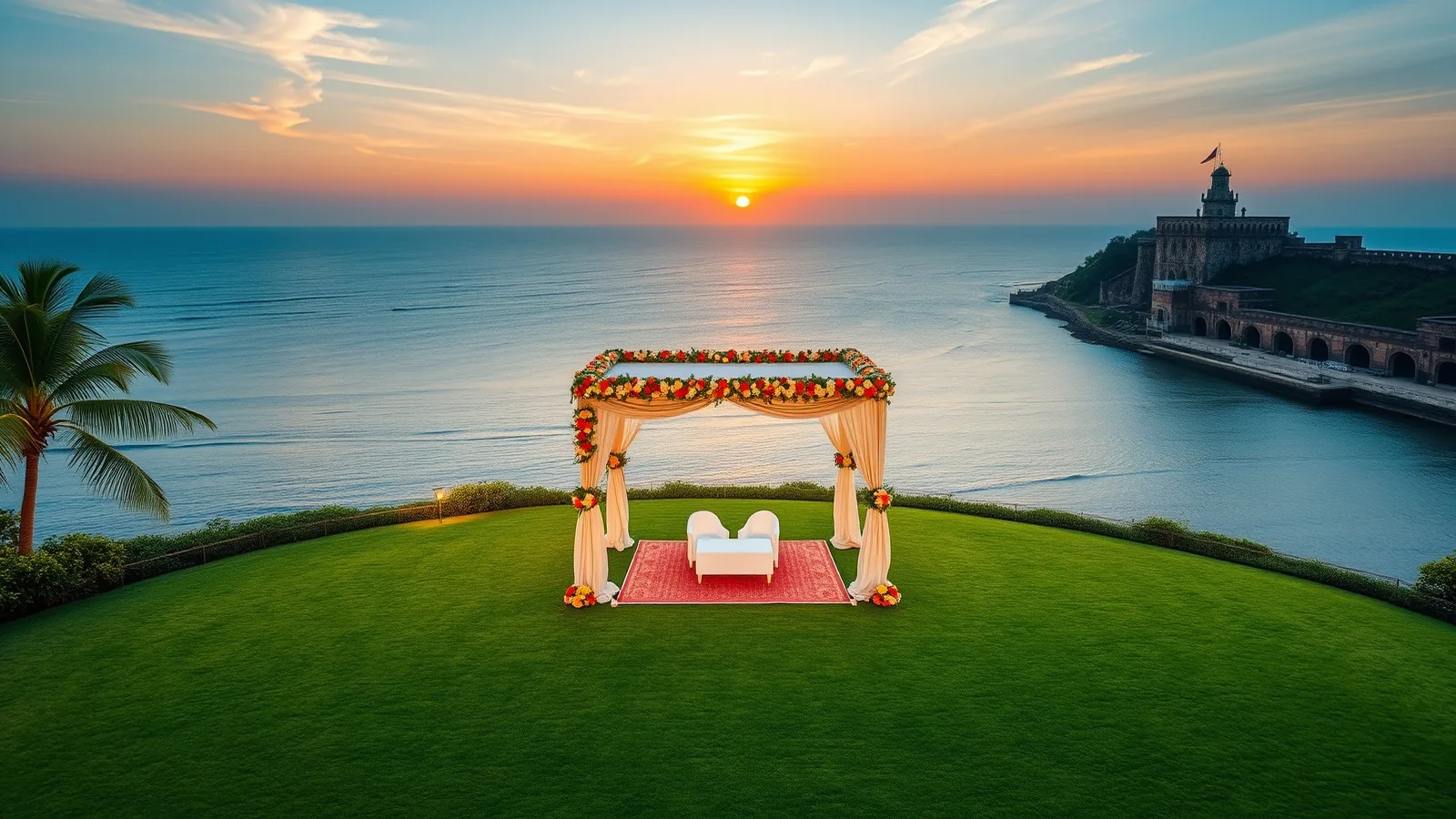 A sea-view lawn in Goa at sunset with a floral mandap and an old Portuguese fort beyond