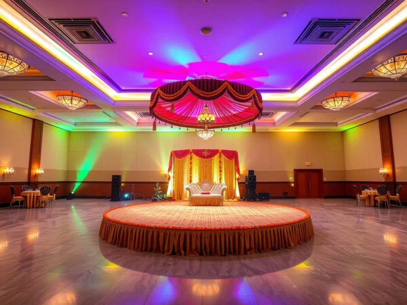 A hotel ballroom set for a Gujarati garba night with a round stage under a colourful canopy