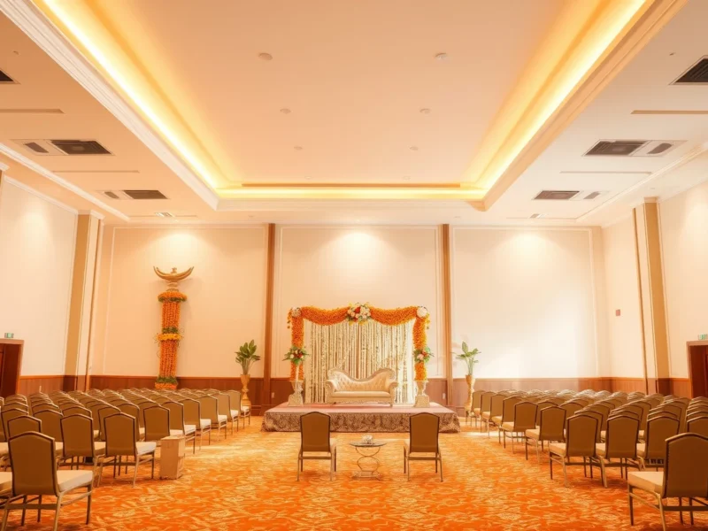 A pillarless hotel ballroom set for a South Indian wedding with a marigold and jasmine mandap