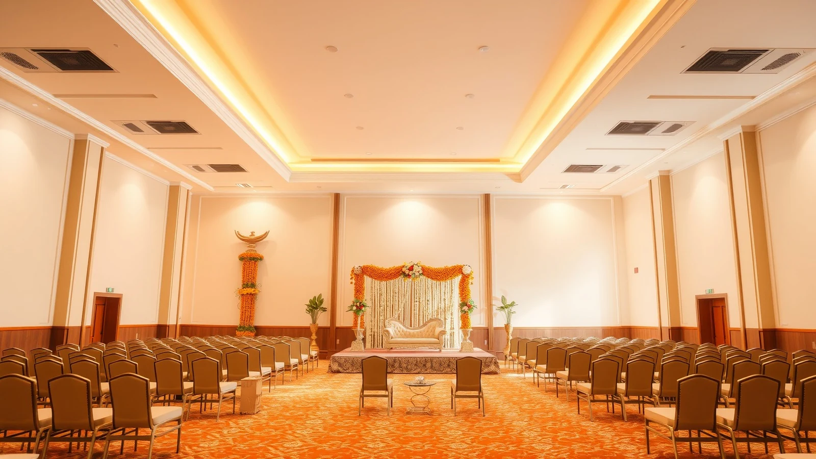 A pillarless hotel ballroom set for a South Indian wedding with a marigold and jasmine mandap