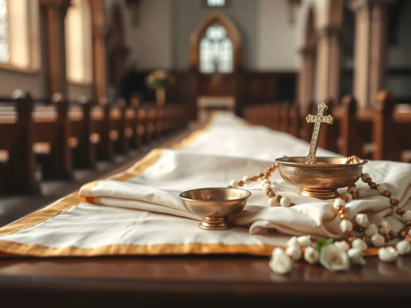 A gold thali with a cross on a cream silk saree with jasmine on a church pew