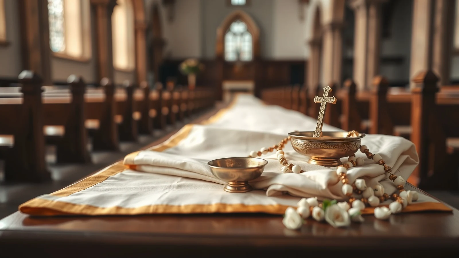 A gold thali with a cross on a cream silk saree with jasmine on a church pew