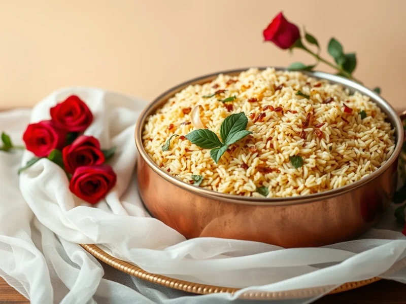A copper pot of wedding biryani with roses and a white veil, for the Tamil Muslim wedding traditions guide