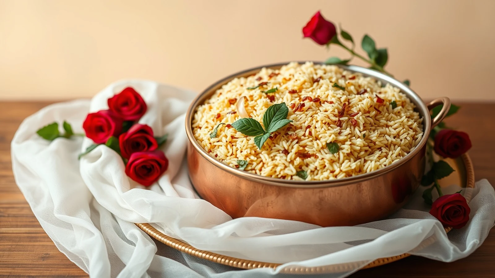 A copper pot of wedding biryani with roses and a white veil, for the Tamil Muslim wedding traditions guide