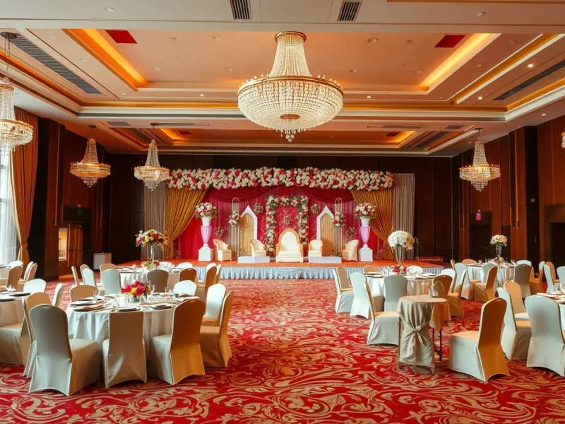 A hotel banquet hall with chandeliers decorated for a wedding reception with a floral stage