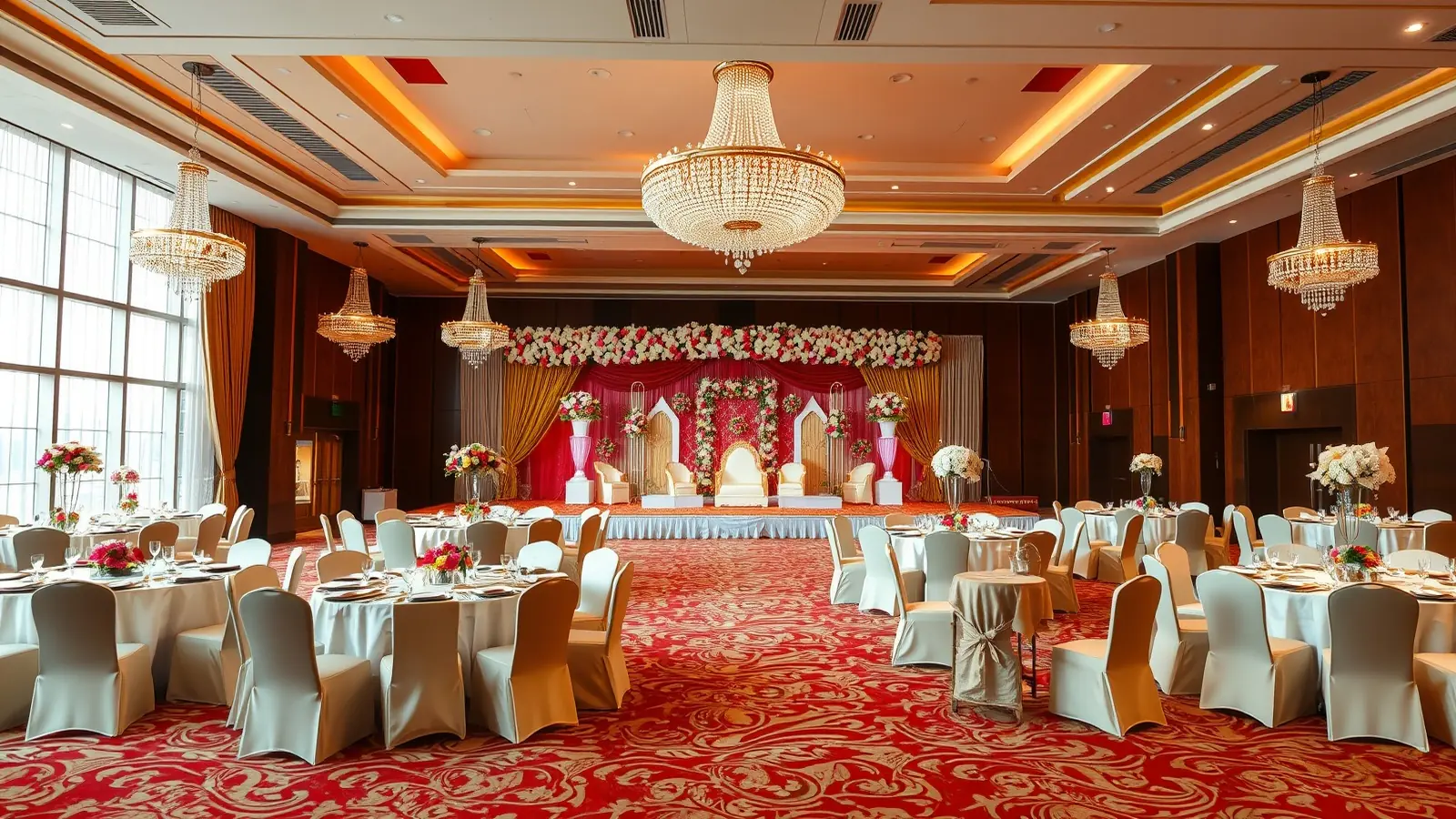 A hotel banquet hall with chandeliers decorated for a wedding reception with a floral stage