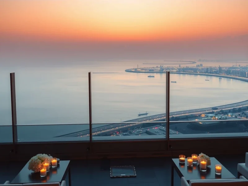 A rooftop terrace set for wedding cocktails at sunset over the Arabian Sea in Mumbai
