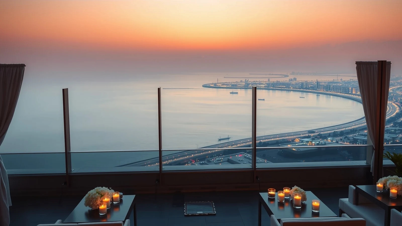 A rooftop terrace set for wedding cocktails at sunset over the Arabian Sea in Mumbai