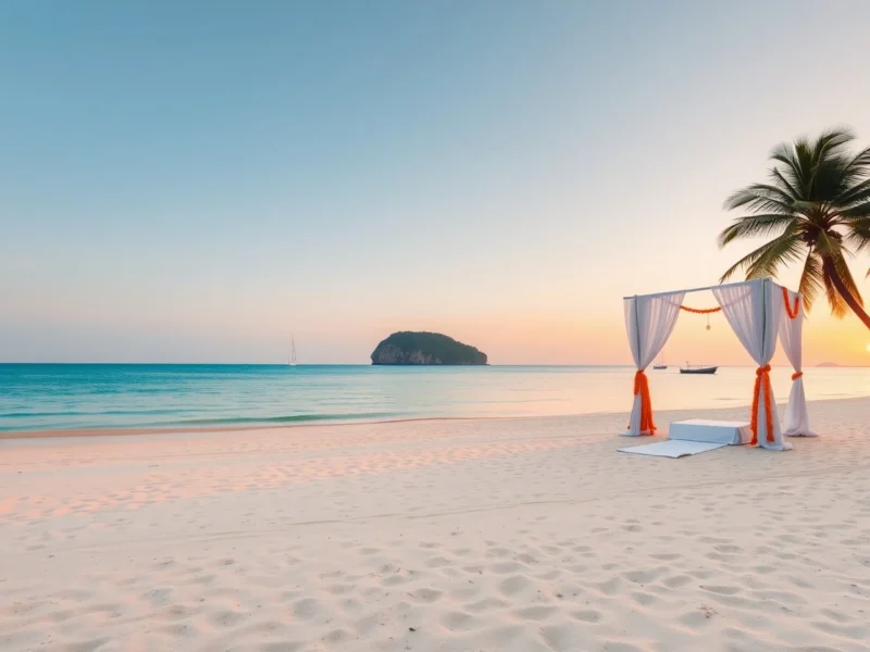 A wedding mandap of white drapes and marigolds on a calm east-coast beach at sunrise