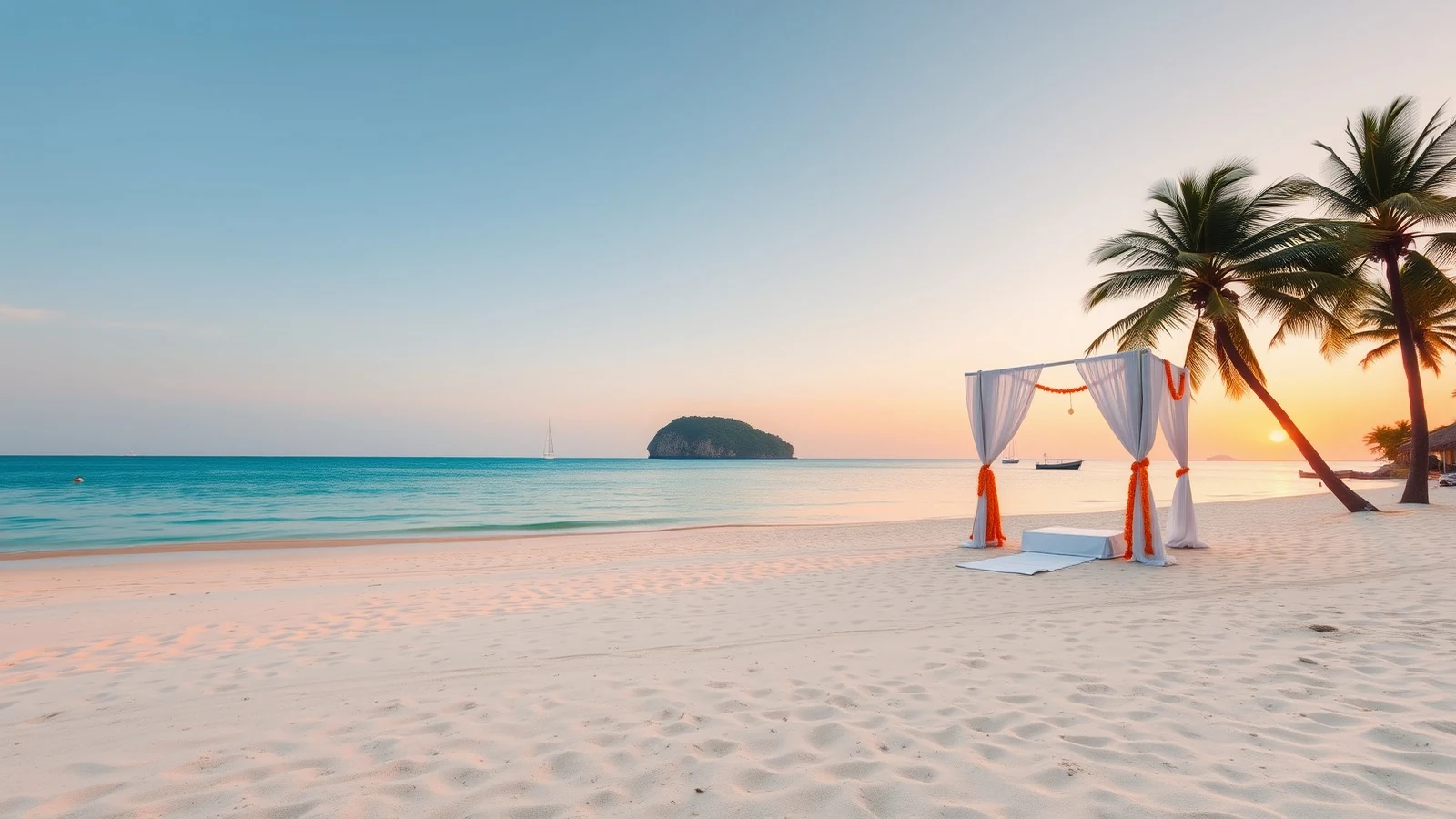 A wedding mandap of white drapes and marigolds on a calm east-coast beach at sunrise