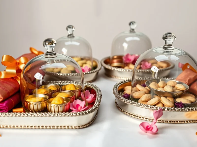 Decorated trousseau trays with silk saris, dry fruits and sweets under glass domes, for the trousseau packing guide