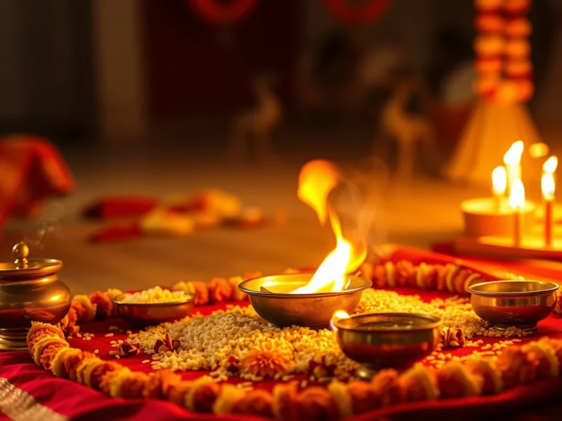 A sacred fire in a havan kund surrounded by brass vessels, rice and flowers on a red cloth