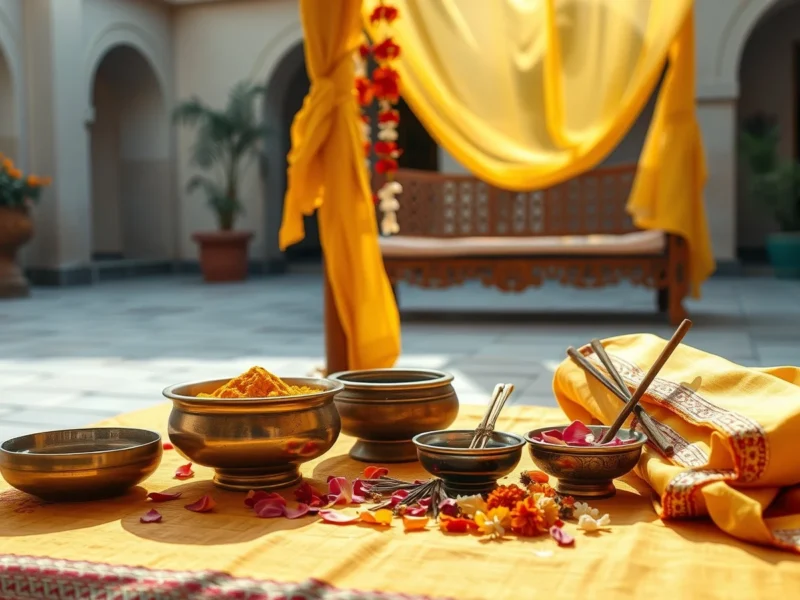 Brass bowls of yellow ubtan paste, rose petals and a yellow dupatta under a yellow canopy for a manjha ceremony