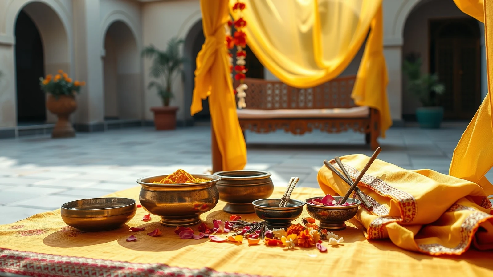 Brass bowls of yellow ubtan paste, rose petals and a yellow dupatta under a yellow canopy for a manjha ceremony