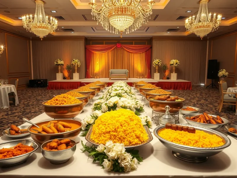 A Hyderabadi walima feast of biryani, salan, kebabs and sweets laid out before a reception stage