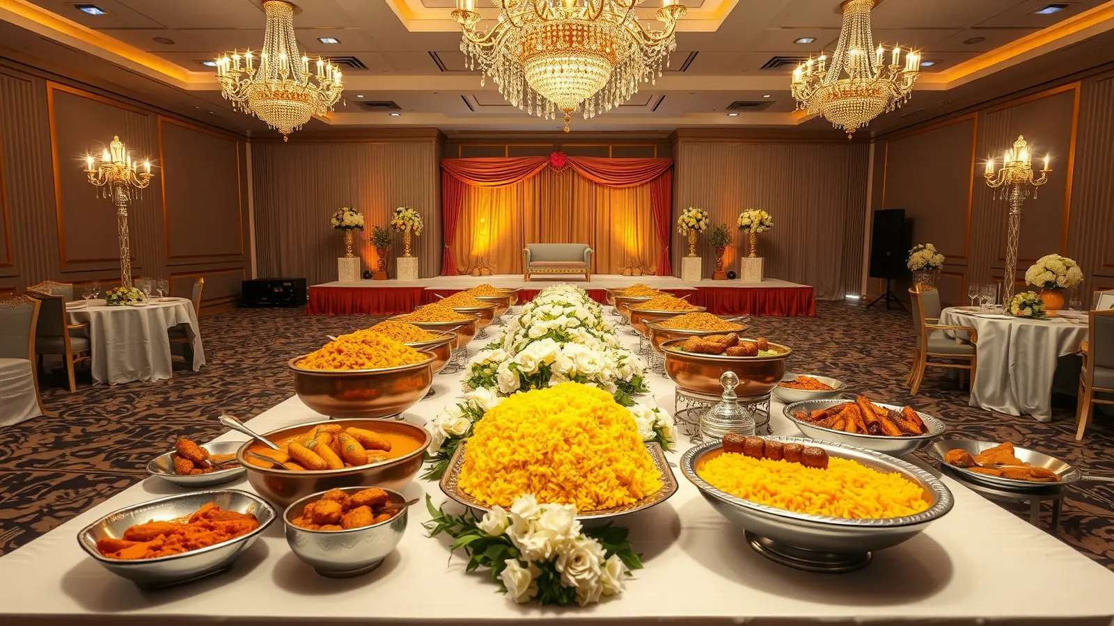 A Hyderabadi walima feast of biryani, salan, kebabs and sweets laid out before a reception stage