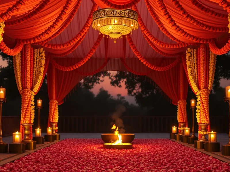 An Indian wedding mandap decorated with marigold and jasmine garlands at golden hour